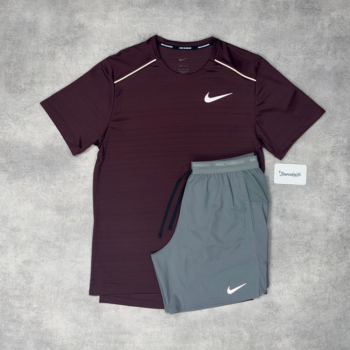 Nike Miler T-Shirt Burgundy Crush & Grey/Black 7" Flex Short Set