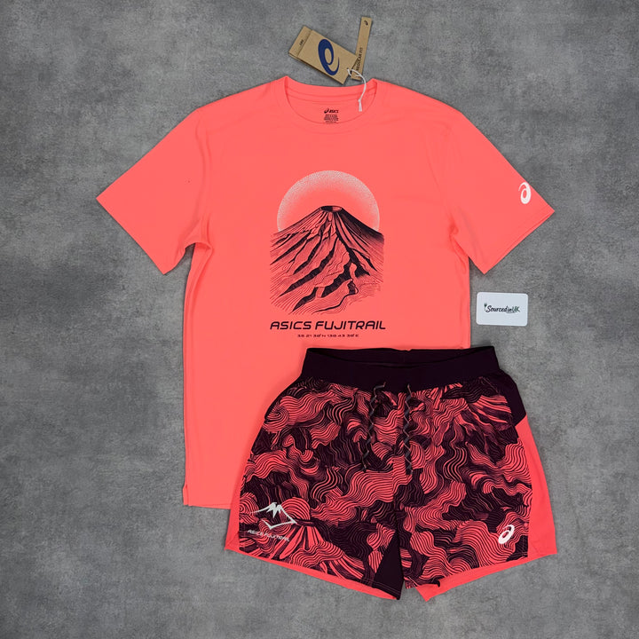 Asics Fujitrail T-Shirt 5” FujiTrail Short Set White Hot Pink / Hot Red