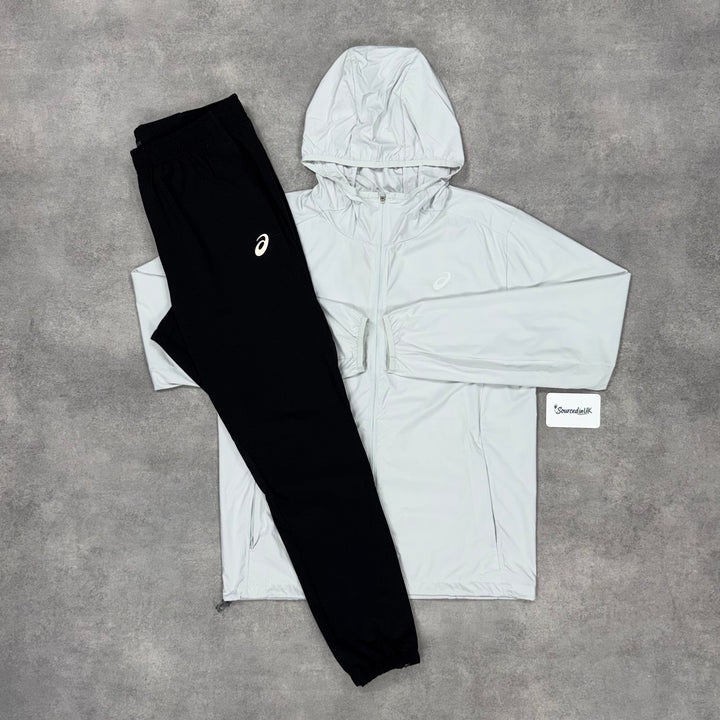 Asics Repel Windrunner Jacket Ice White & Black Core Bottoms Set