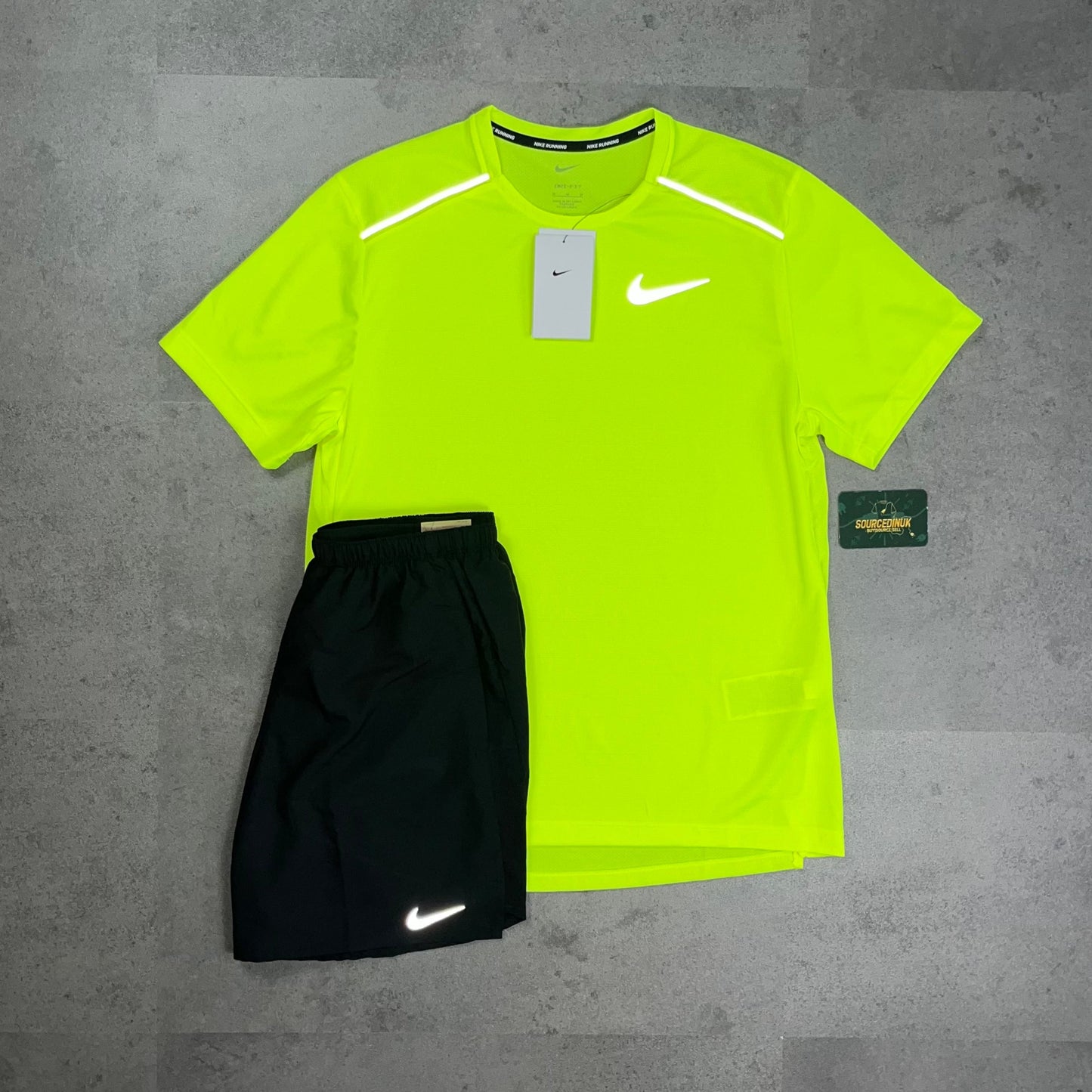 Nike Miler 1.0 T-Shirt Volt Green & Nike Challenger Short Black/Grey Set