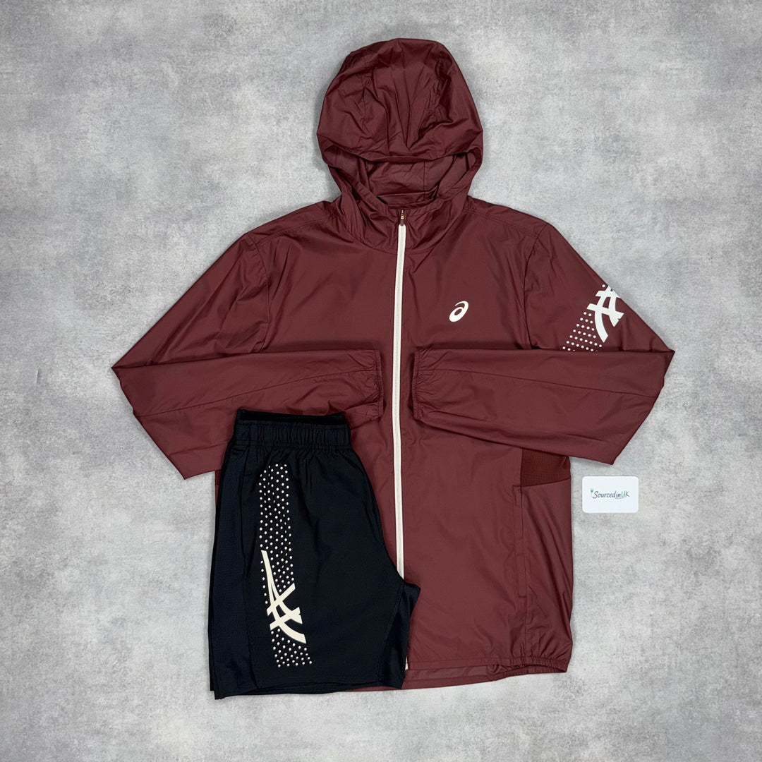 Asics Icon Windrunner Jacket Burgandy & 7” Black Icon Challenger Short Set