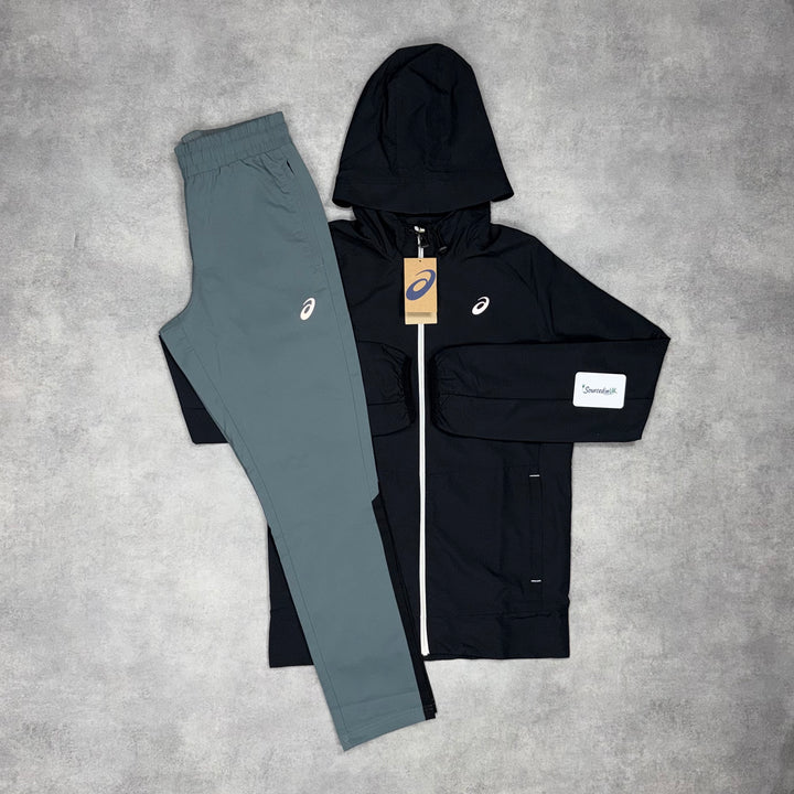 Asics Woven Windrunner Jacket Black & Grey/Black Silver Pants Set