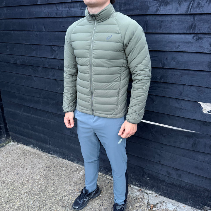 Asics Core Puffer Jacket Khaki & Grey Silver Pants Set